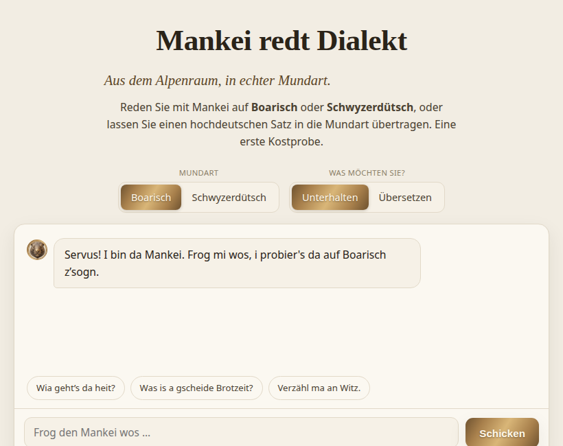 Die Dialekt-Demo im Browser: Auswahl zwischen Boarisch und Schwyzerdütsch, Unterhalten oder Übersetzen.