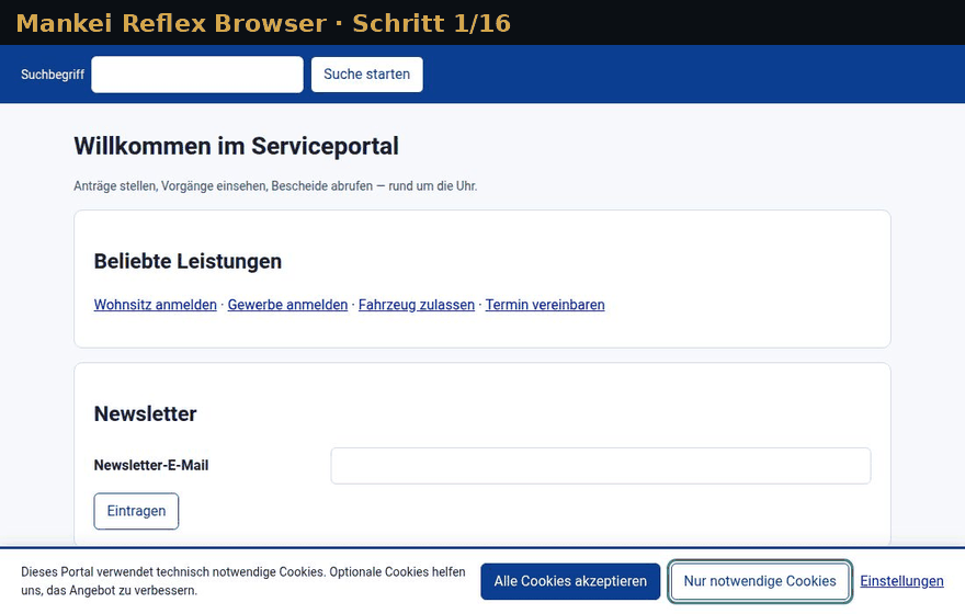 Reflex Browser bedient das Serviceportal Musterstadt: ein Bild je Schritt, sechzehn Schritte ohne Eingriff.