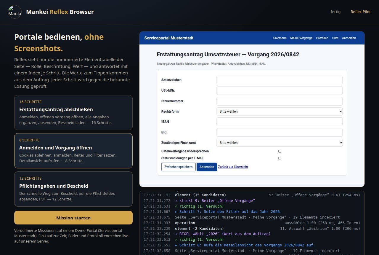 Reflex Browser: Missionen auf einem deutschen Serviceportal, daneben das Schrittprotokoll.