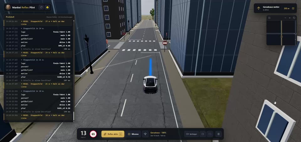 Reflex Pilot: Fahrzeug auf der Straße, daneben das Protokoll mit Urteilen und Wahrscheinlichkeiten.